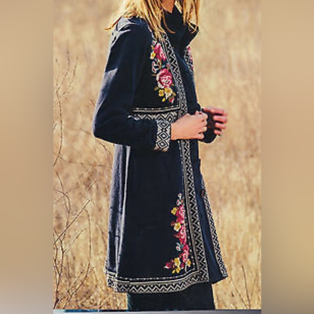 Johnny Was Navy Floral Embroidered Pea Coat